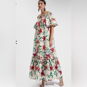 La DoubleJ White Lily Capalbio Floral Maxi Off Shoulder Dress  size S